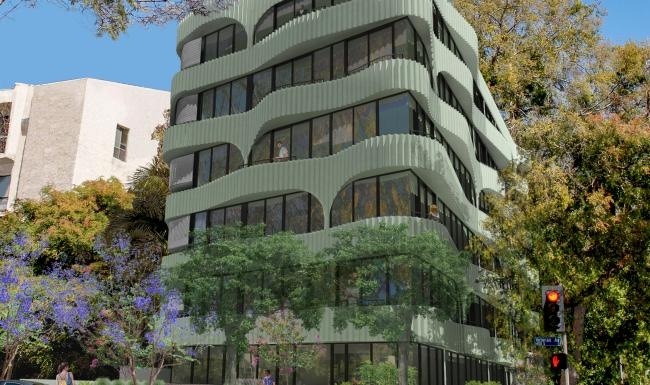 a building with windows and trees