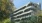 the exterior of a green building with trees