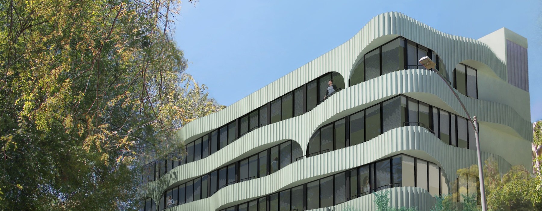 a building with windows and trees