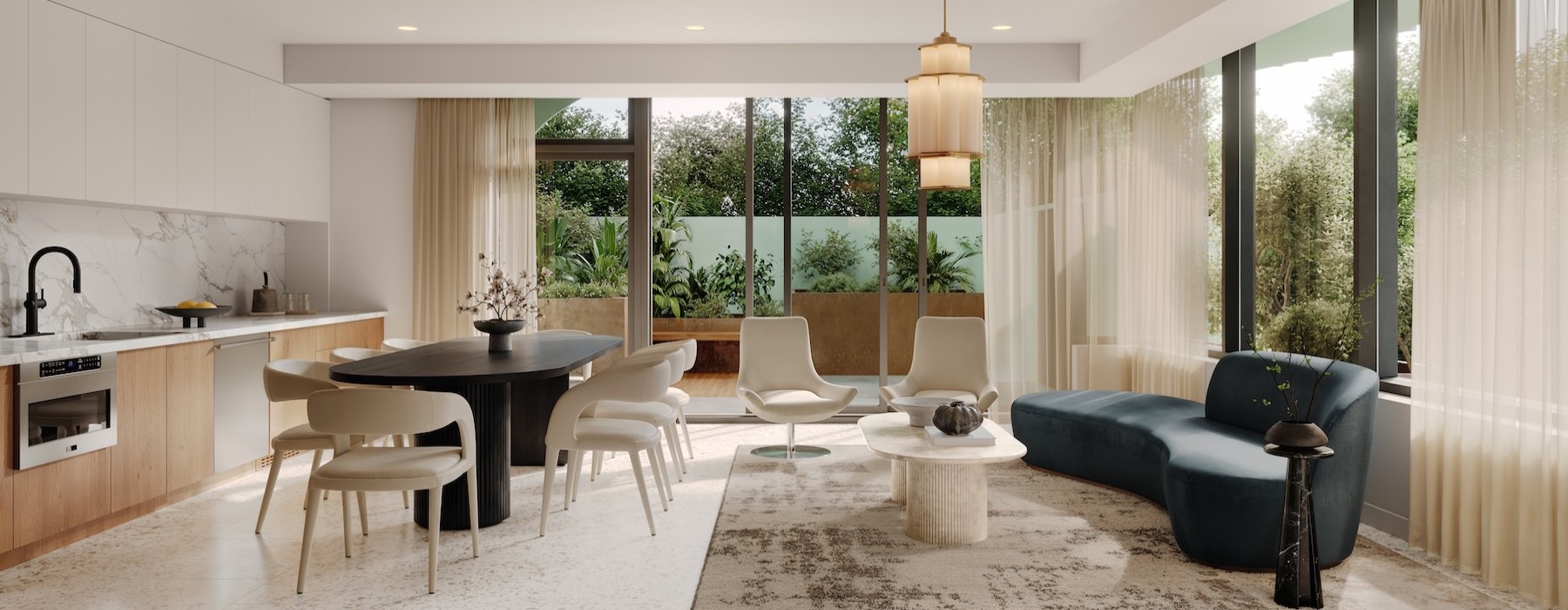 a large living room with a couch, chairs and a  large window